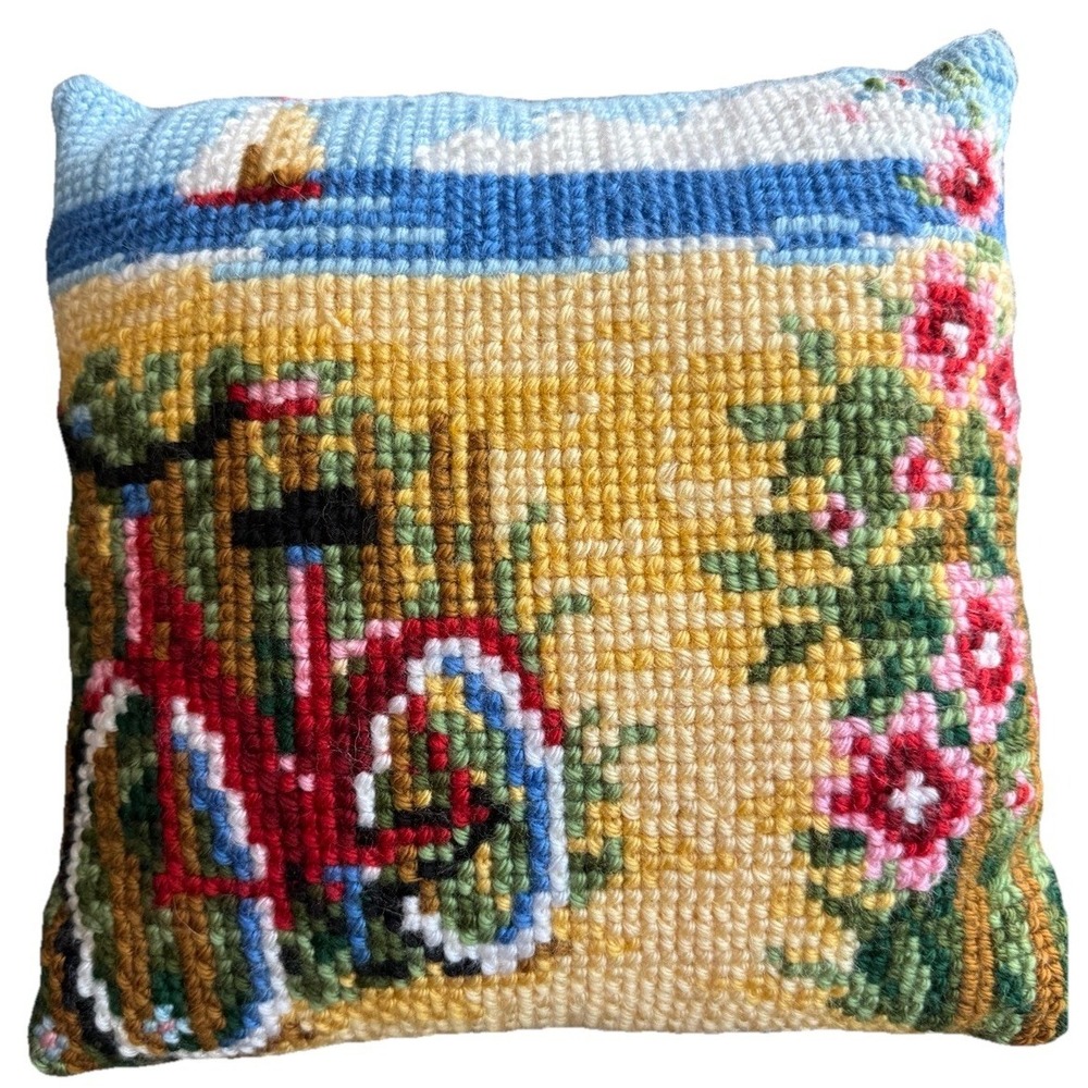 Vintage Needlepoint Pillow Beach Bicycle Sailboat Coastal Cottagecore Square 15"